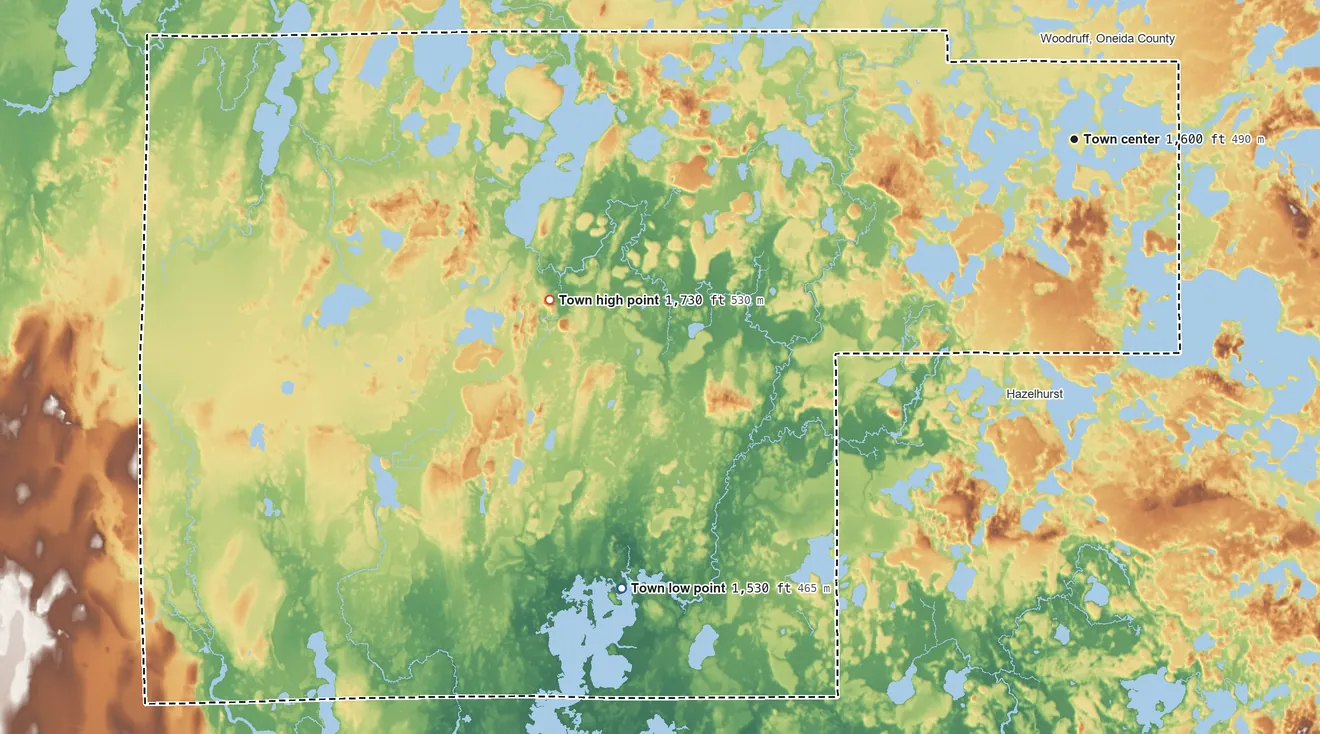 Topographic elevation map of Minocqua, Wisconsin, shaded from 1,530 ft on the southwest side to 1,730 ft on the west side