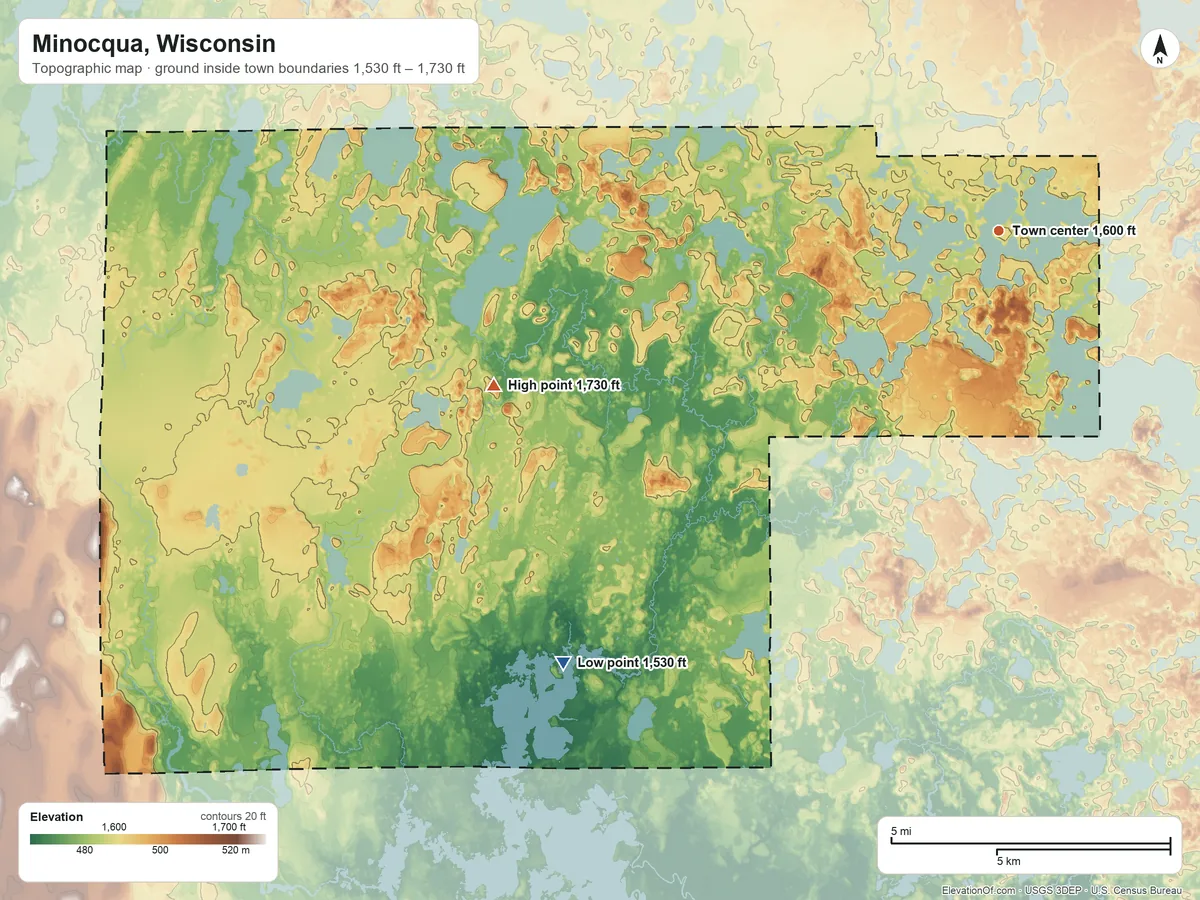 Topographic elevation map of Minocqua, Wisconsin, shaded from 1,530 ft on the southwest side to 1,730 ft on the west side