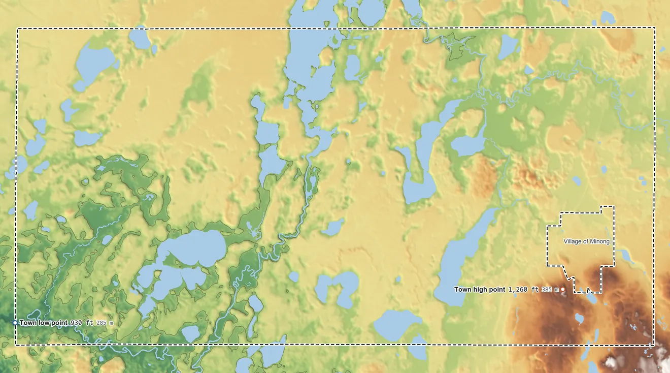 Topographic elevation map of Minong, Wisconsin, shaded from 930 ft on the west side to 1,260 ft on the southeast side