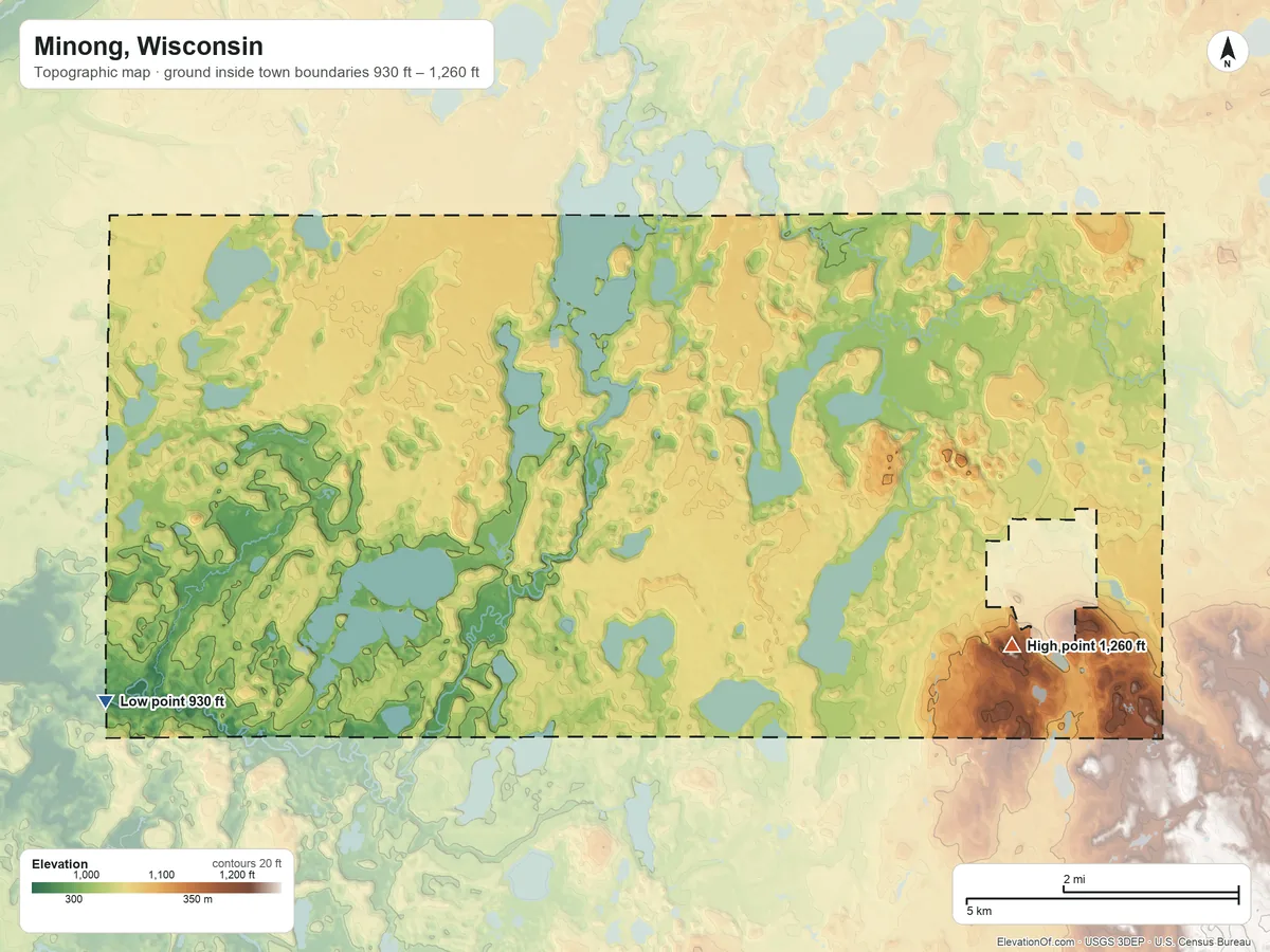 Topographic elevation map of Minong, Wisconsin, shaded from 930 ft on the west side to 1,260 ft on the southeast side