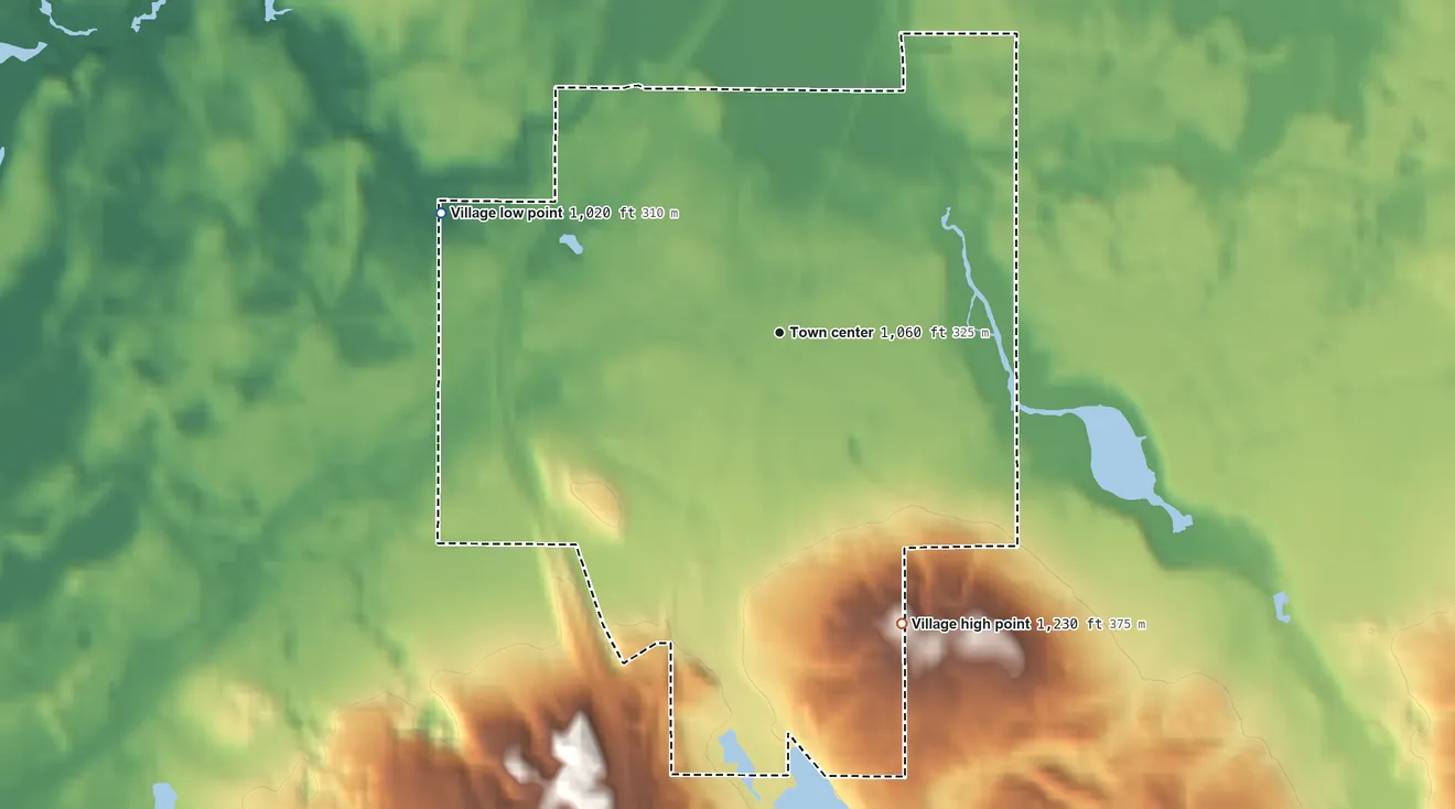 Topographic elevation map of Village of Minong, Wisconsin, shaded from 1,020 ft on the west side to 1,230 ft on the southeast side