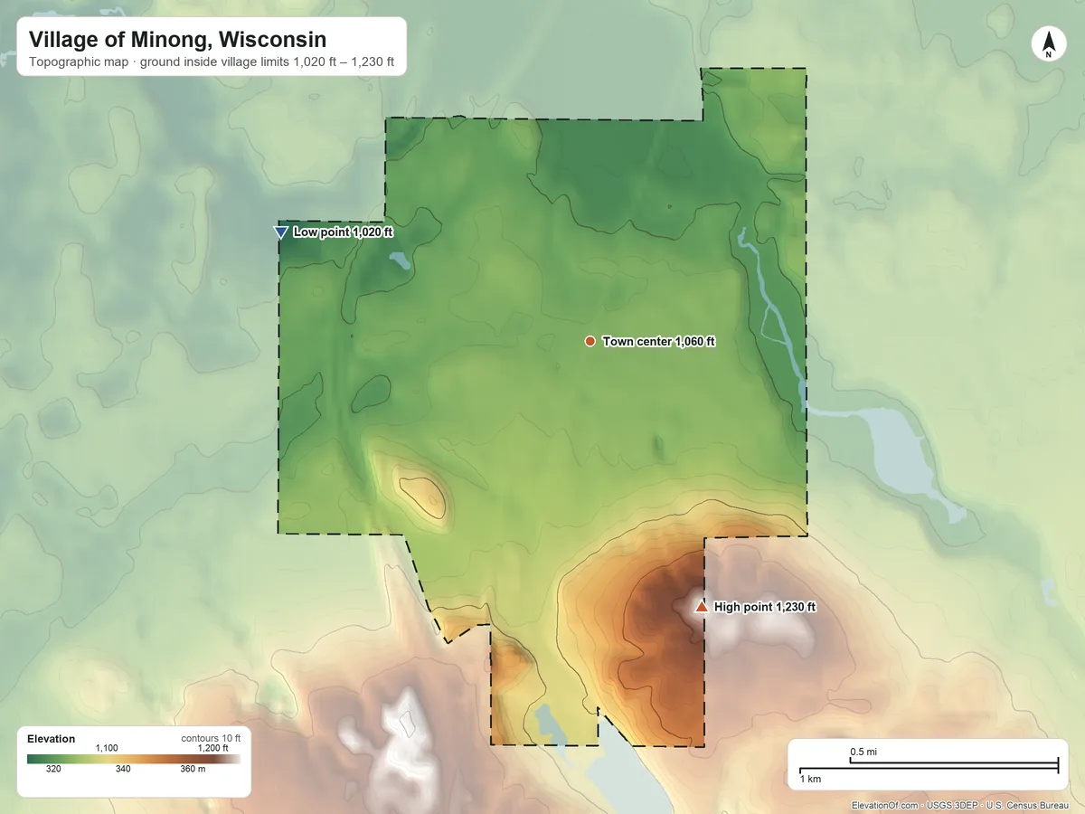 Topographic elevation map of Village of Minong, Wisconsin, shaded from 1,020 ft on the west side to 1,230 ft on the southeast side