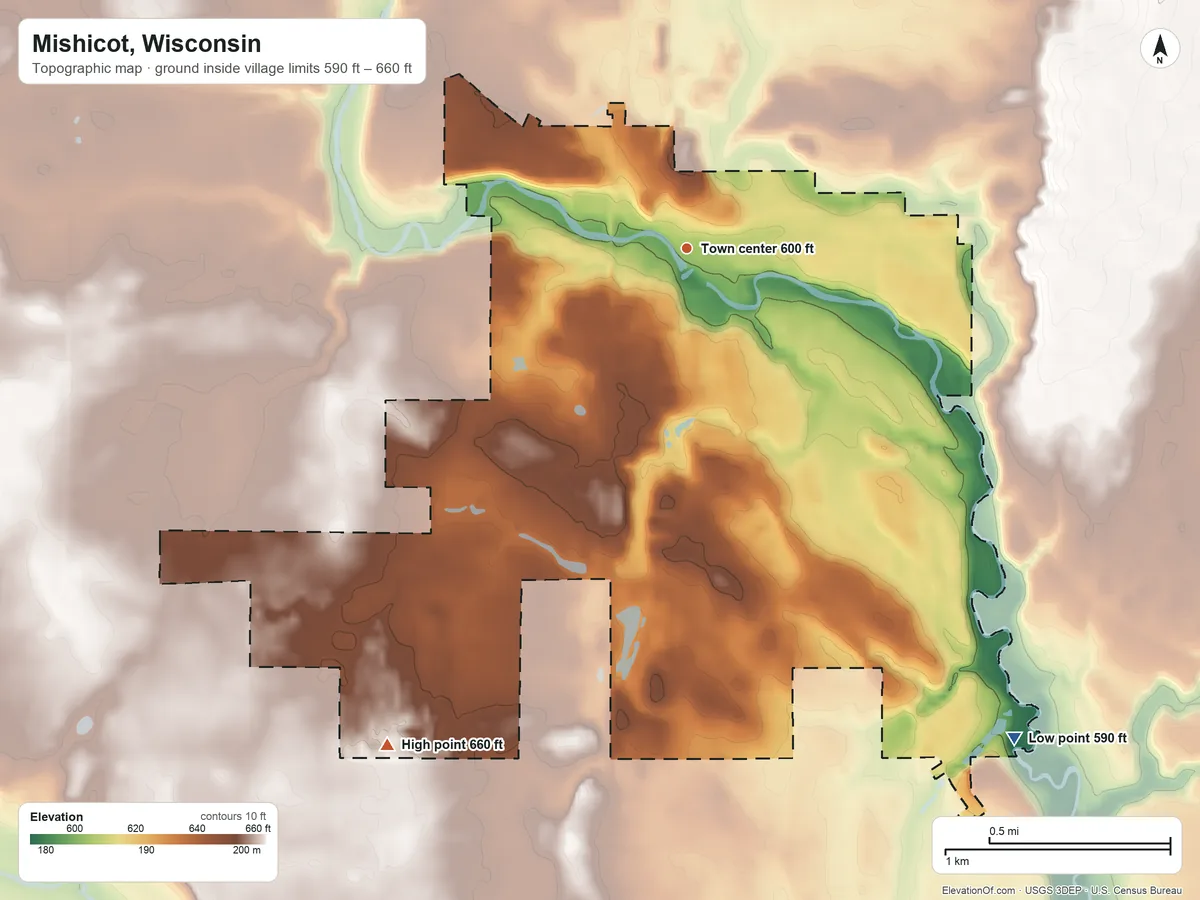 Topographic elevation map of Mishicot, Wisconsin, shaded from 590 ft on the southeast side to 660 ft on the southwest side