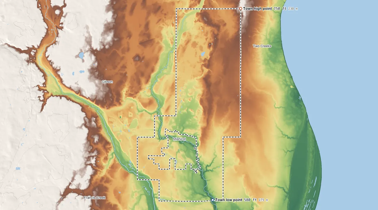 Topographic elevation map of Town of Mishicot, Wisconsin, shaded from 580 ft on the south side to 750 ft on the northeast side