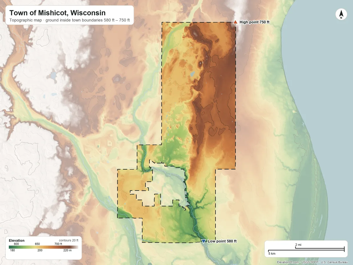 Topographic elevation map of Town of Mishicot, Wisconsin, shaded from 580 ft on the south side to 750 ft on the northeast side