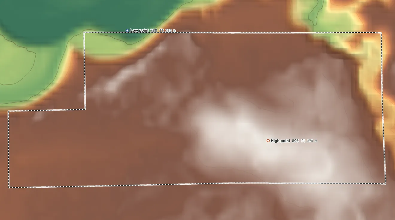 Topographic elevation map of Mission, Wisconsin, shaded from 780 ft on the west side to 890 ft on the south side