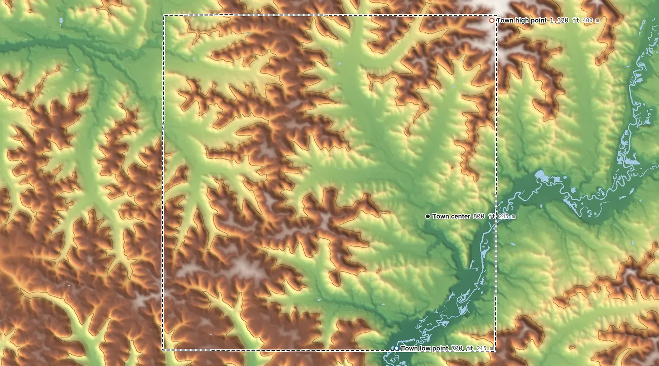 Topographic elevation map of Modena, Wisconsin, shaded from 700 ft on the south side to 1,320 ft on the north side