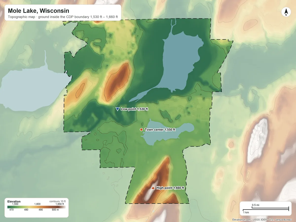 Topographic elevation map of Mole Lake, Wisconsin, shaded from 1,530 ft on the northwest side to 1,660 ft on the south side