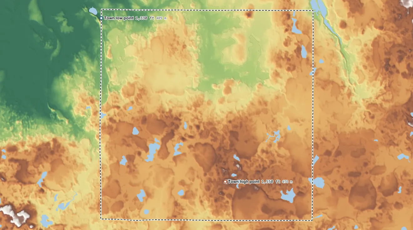 Topographic elevation map of Molitor, Wisconsin, shaded from 1,330 ft on the northwest side to 1,550 ft near the middle