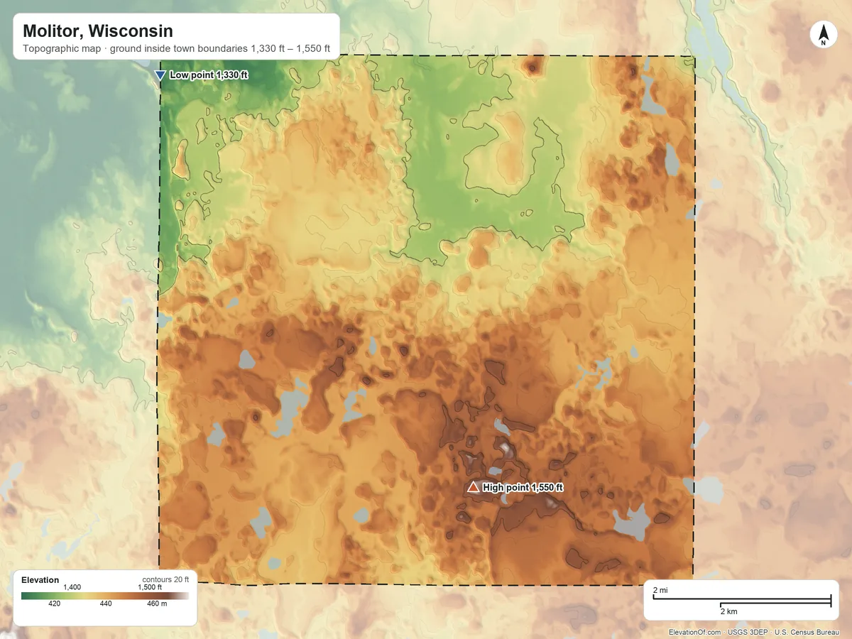 Topographic elevation map of Molitor, Wisconsin, shaded from 1,330 ft on the northwest side to 1,550 ft near the middle