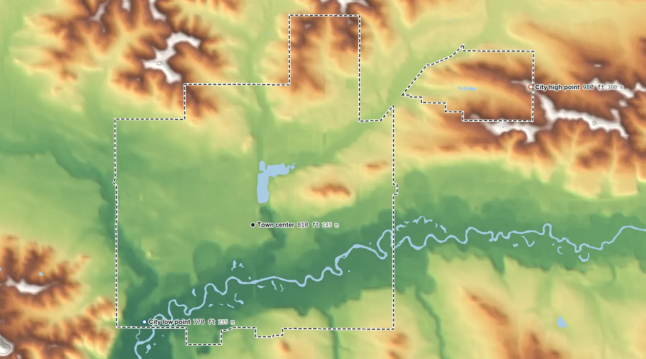Topographic elevation map of Mondovi, Wisconsin, shaded from 770 ft on the southwest side to 980 ft on the northeast side
