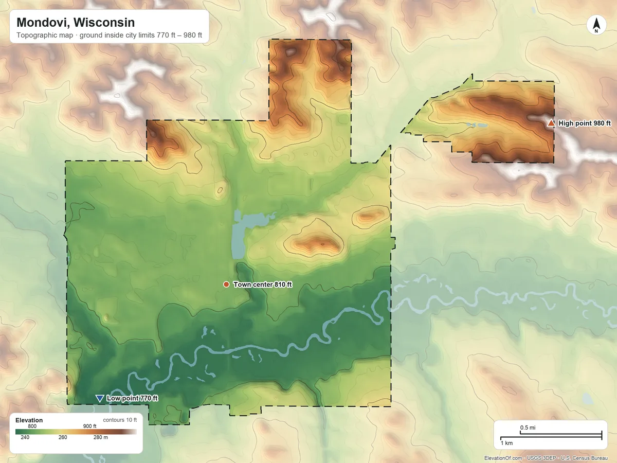 Topographic elevation map of Mondovi, Wisconsin, shaded from 770 ft on the southwest side to 980 ft on the northeast side