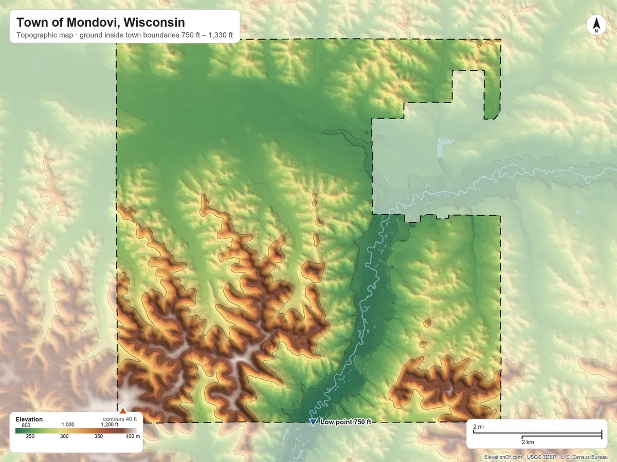 Topographic elevation map of Town of Mondovi, Wisconsin, shaded from 750 ft on the south side to 1,330 ft on the southwest side