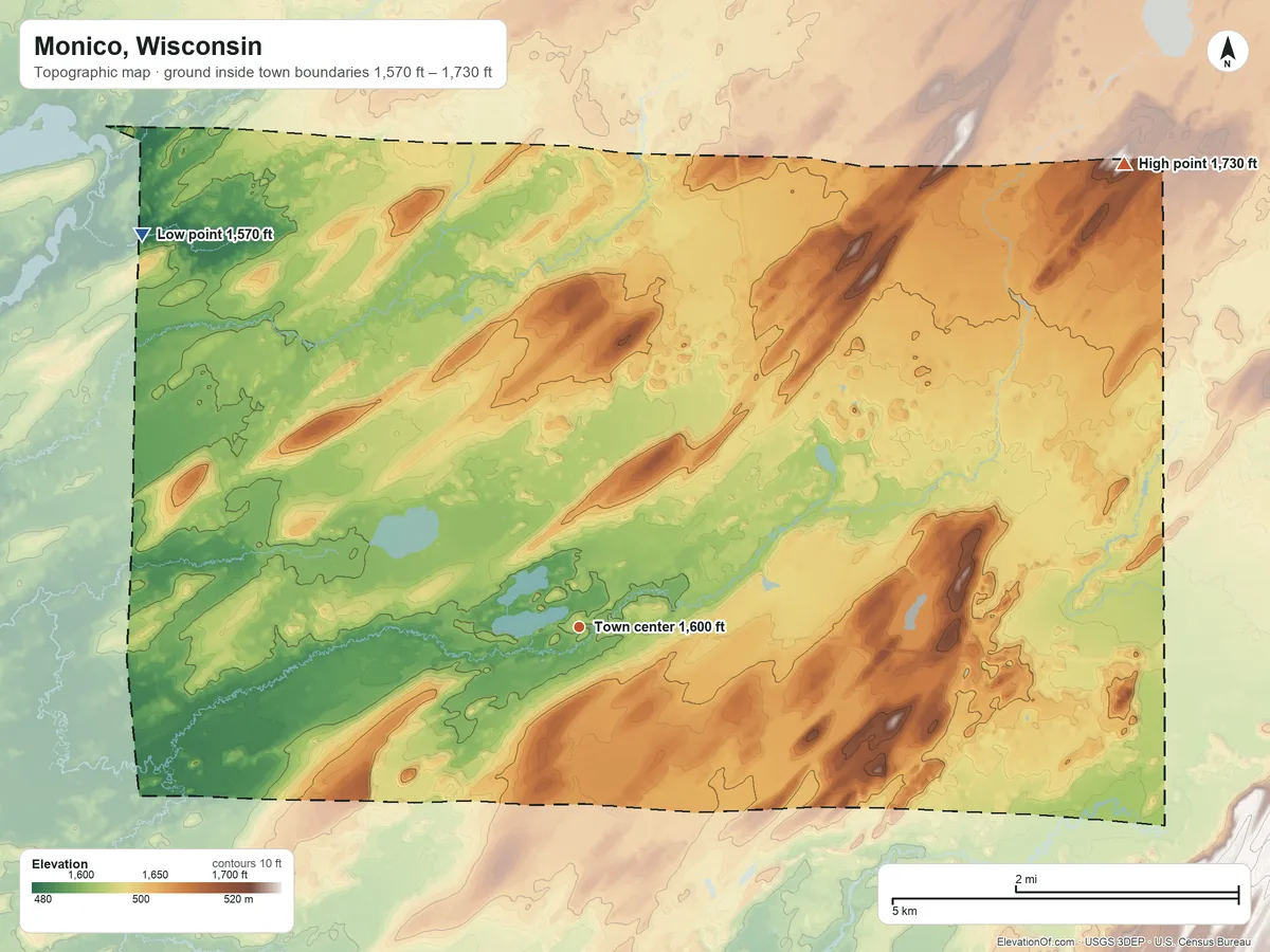 Topographic elevation map of Monico, Wisconsin, shaded from 1,570 ft on the northwest side to 1,730 ft on the northeast side
