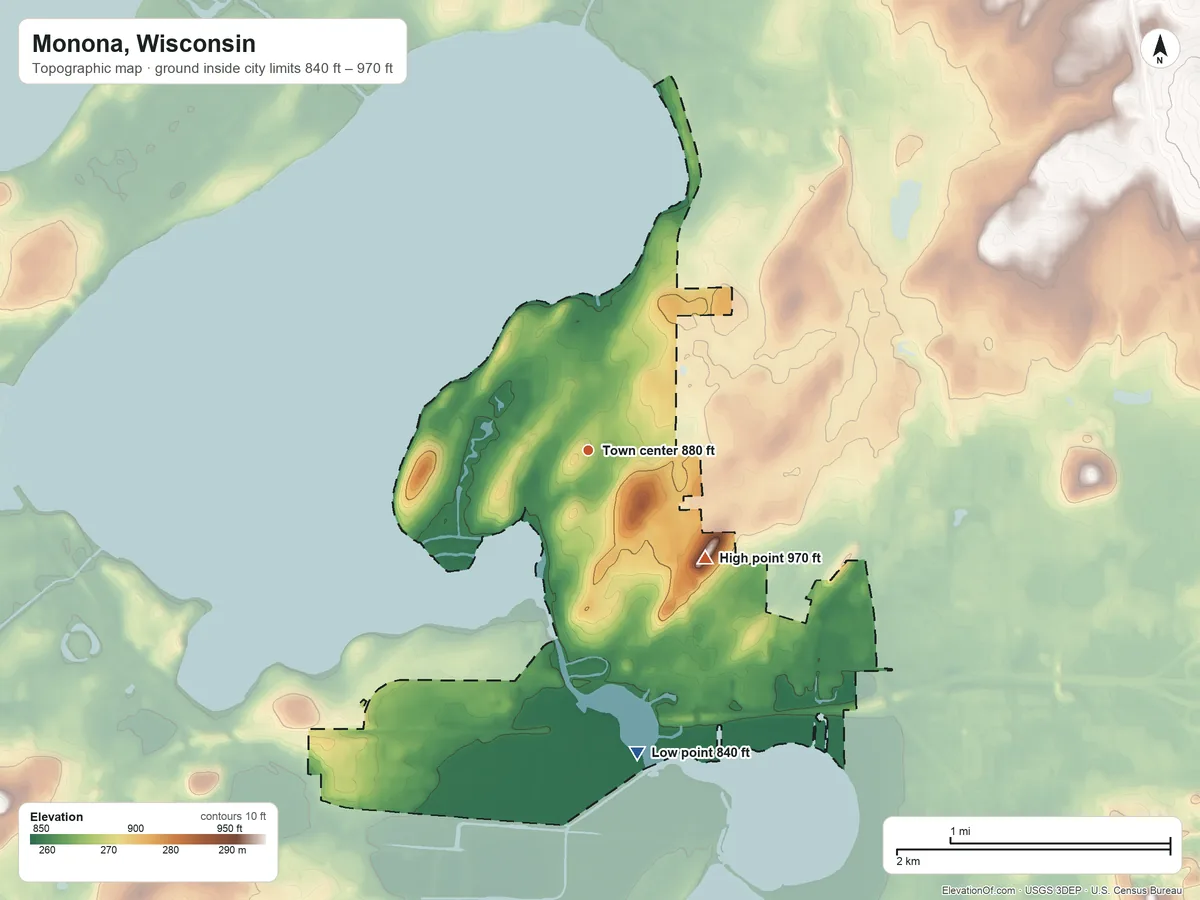 Topographic elevation map of Monona, Wisconsin, shaded from 840 ft on the south side to 970 ft on the southeast side