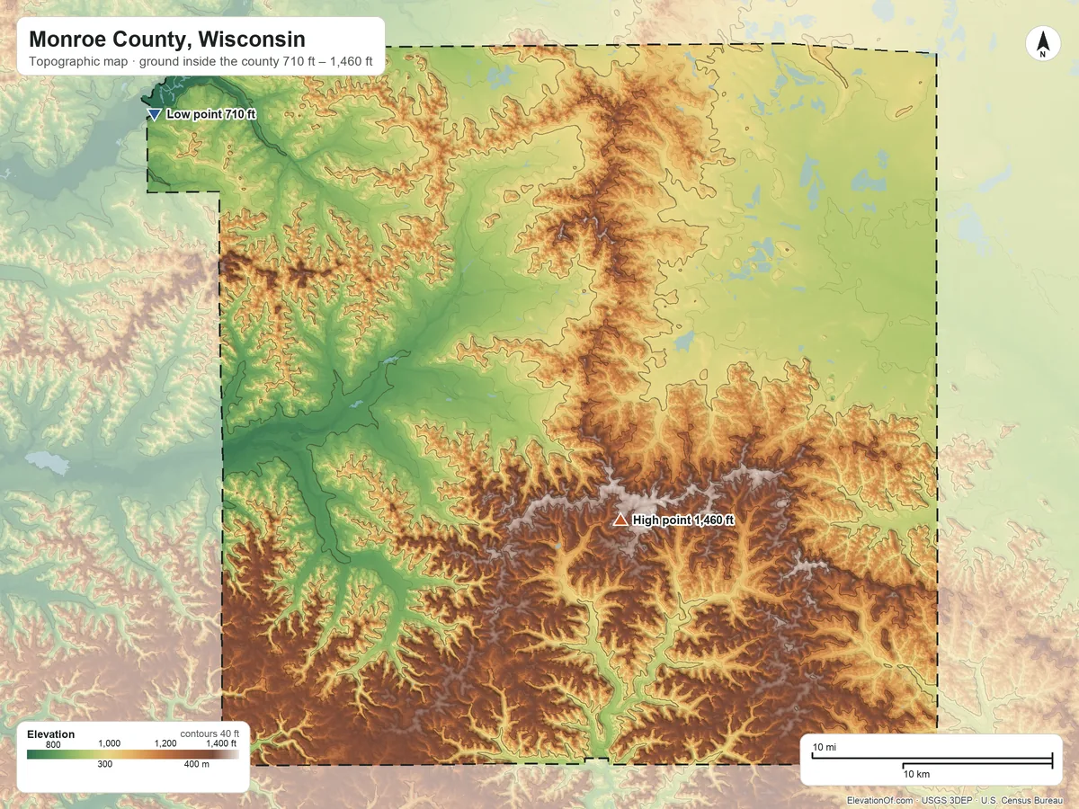 Topographic elevation map of Monroe County, Wisconsin, shaded from 710 ft on the northwest side to 1,460 ft on the southeast side