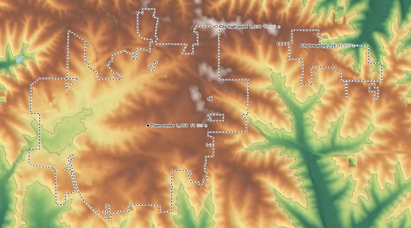 Topographic elevation map of Monroe, Wisconsin, shaded from 940 ft on the east side to 1,130 ft on the northeast side