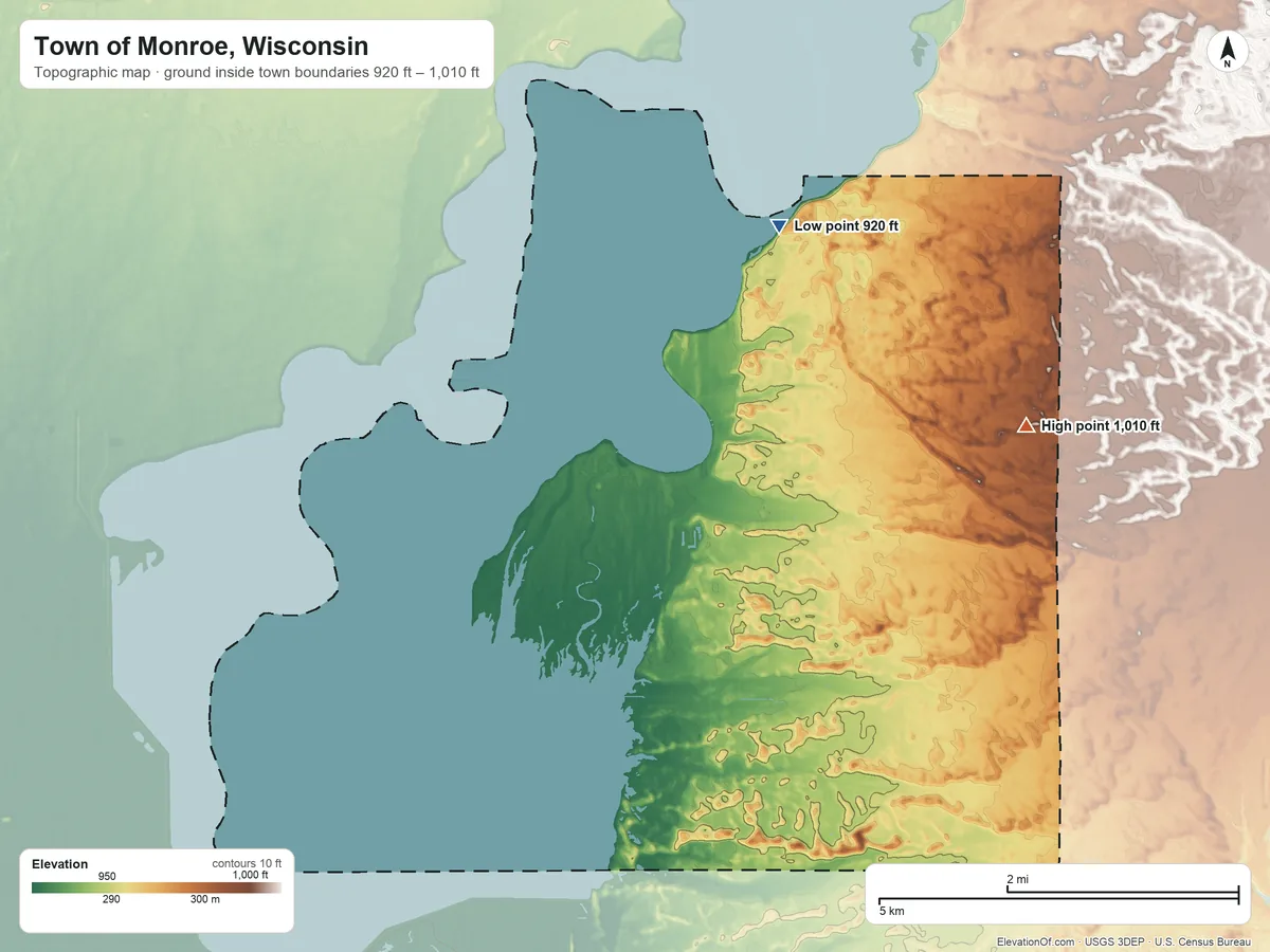 Topographic elevation map of Town of Monroe, Wisconsin, shaded from 920 ft on the north side to 1,010 ft on the east side