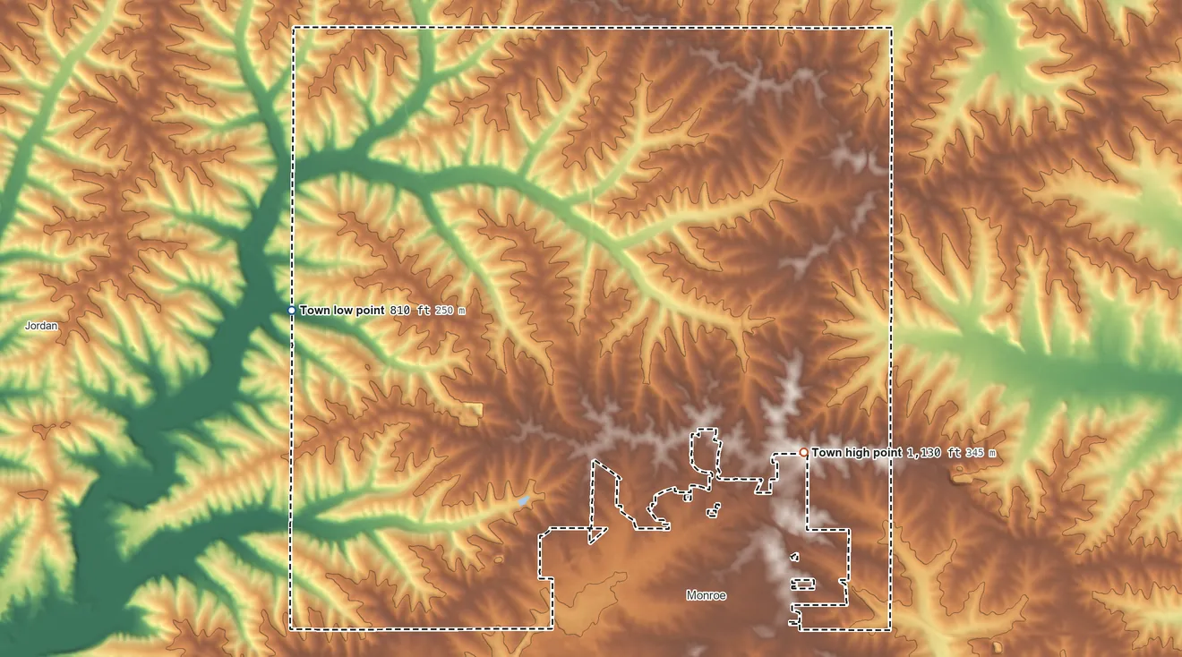 Topographic elevation map of Town of Monroe, Wisconsin, shaded from 810 ft on the west side to 1,130 ft on the southeast side