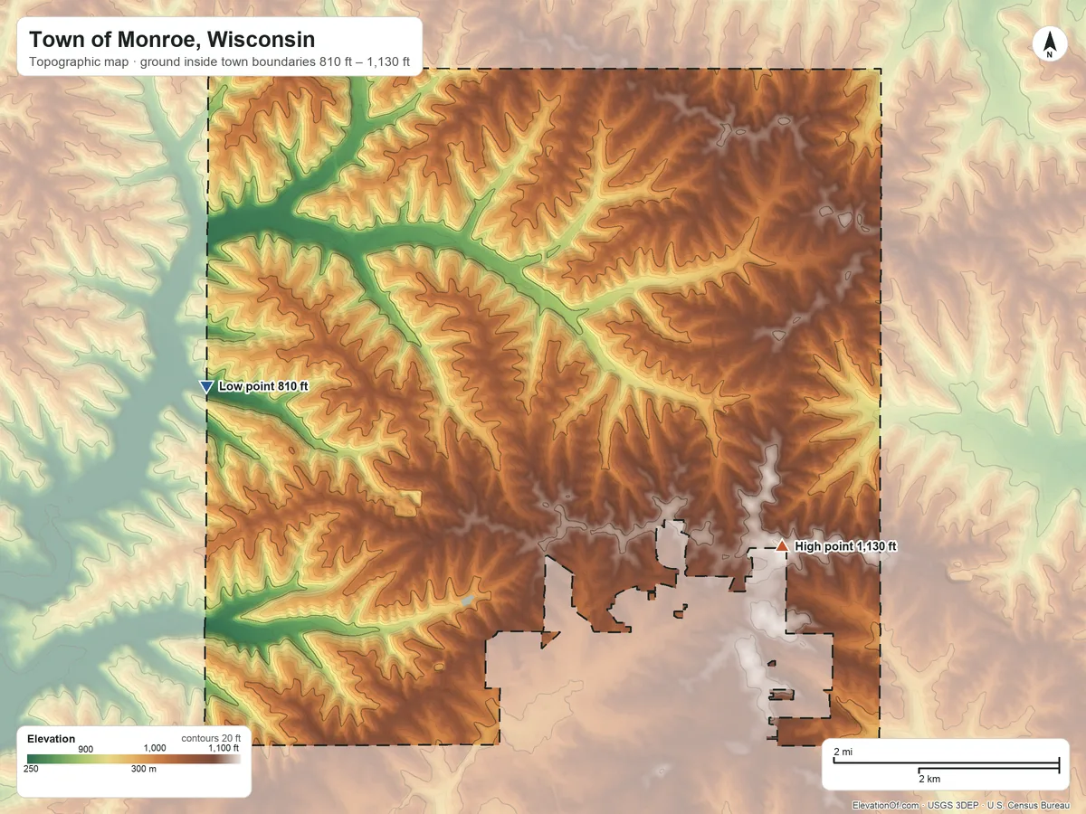 Topographic elevation map of Town of Monroe, Wisconsin, shaded from 810 ft on the west side to 1,130 ft on the southeast side