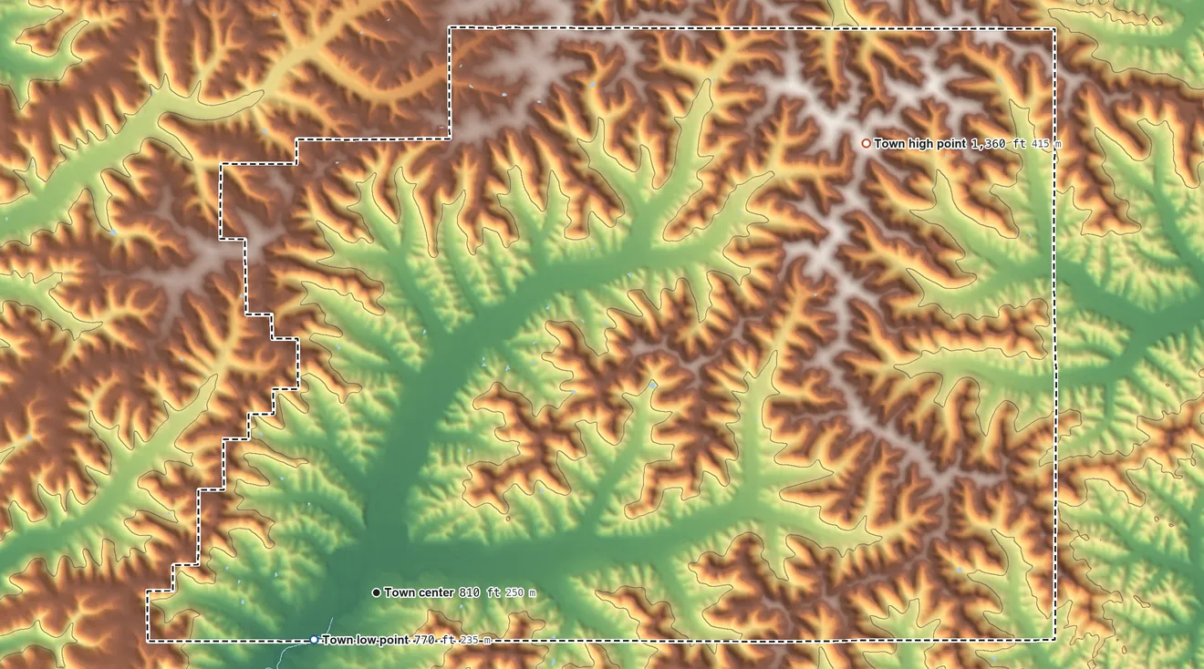 Topographic elevation map of Montana, Wisconsin, shaded from 770 ft near the middle to 1,360 ft on the northeast side