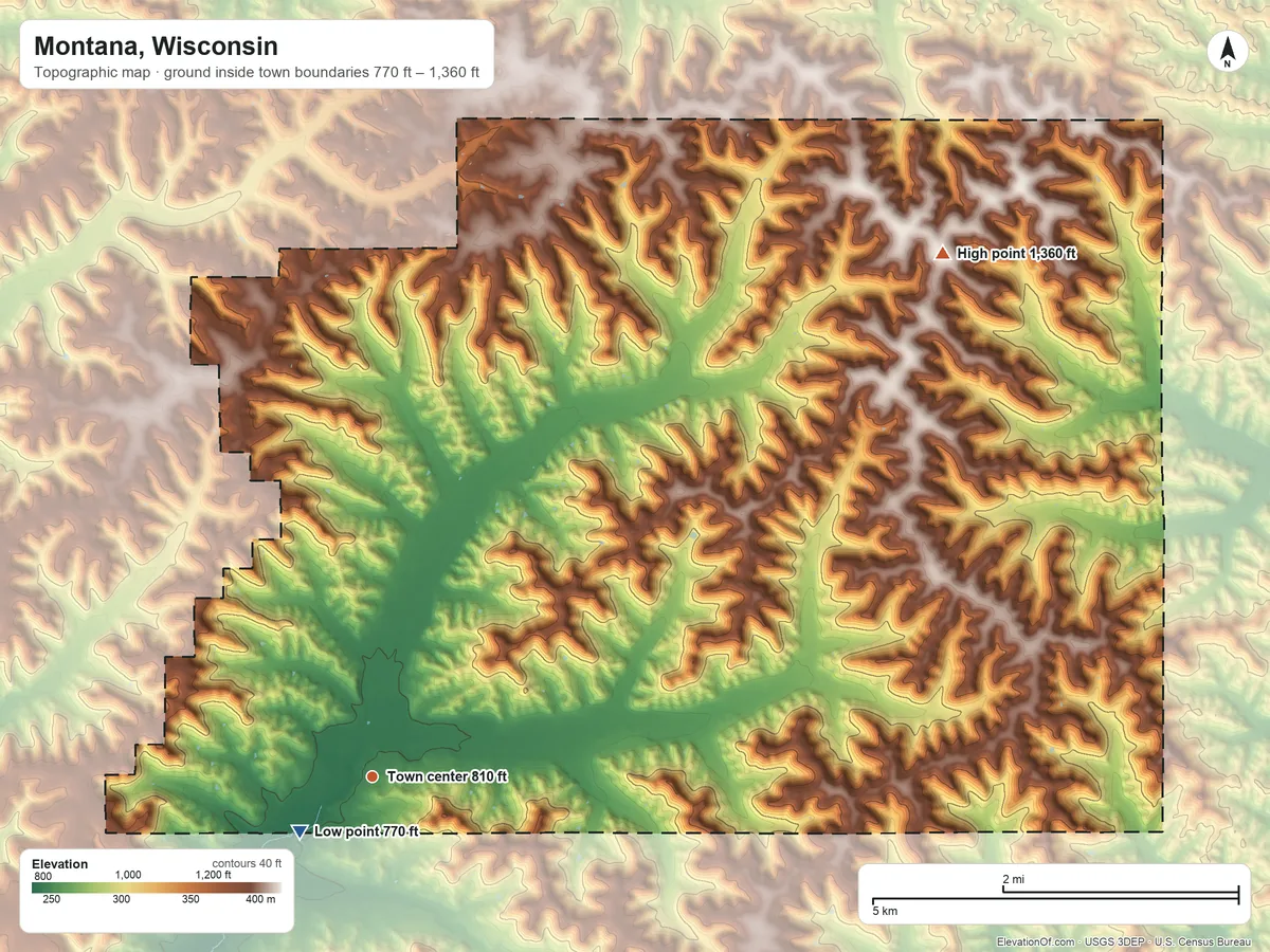 Topographic elevation map of Montana, Wisconsin, shaded from 770 ft near the middle to 1,360 ft on the northeast side