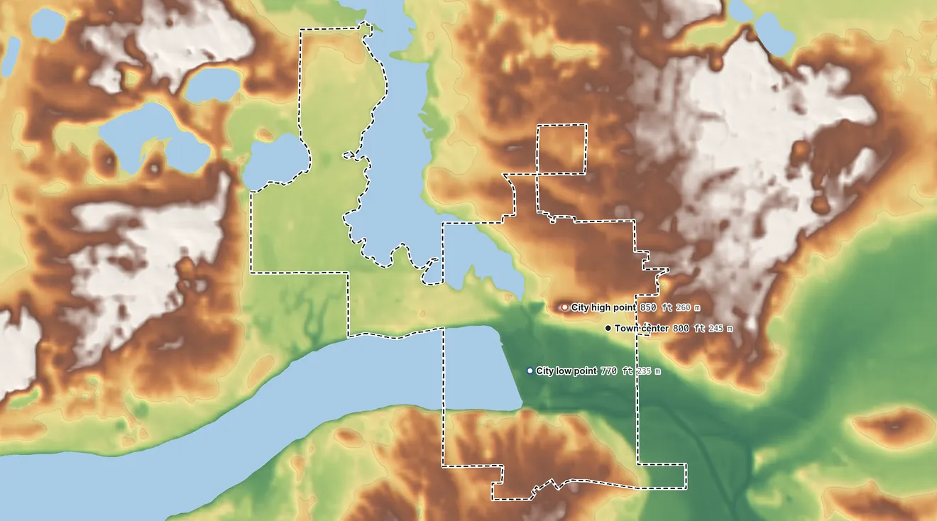 Topographic elevation map of Montello, Wisconsin, shaded from 770 ft on the southwest side to 850 ft near the middle