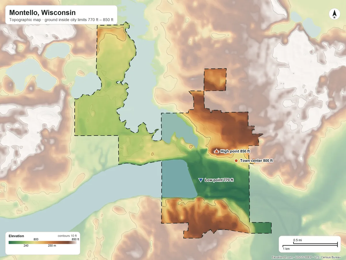 Topographic elevation map of Montello, Wisconsin, shaded from 770 ft on the southwest side to 850 ft near the middle
