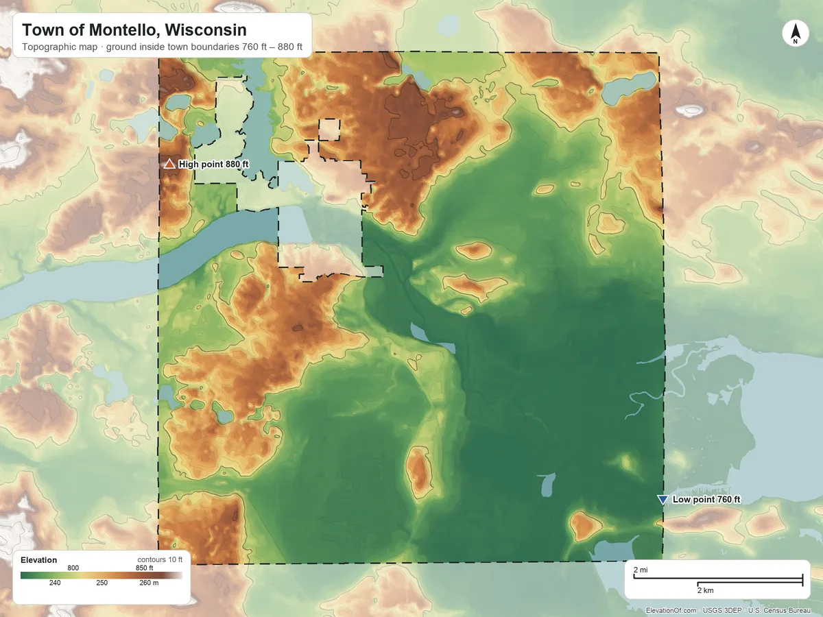 Topographic elevation map of Town of Montello, Wisconsin, shaded from 760 ft on the southeast side to 880 ft on the west side