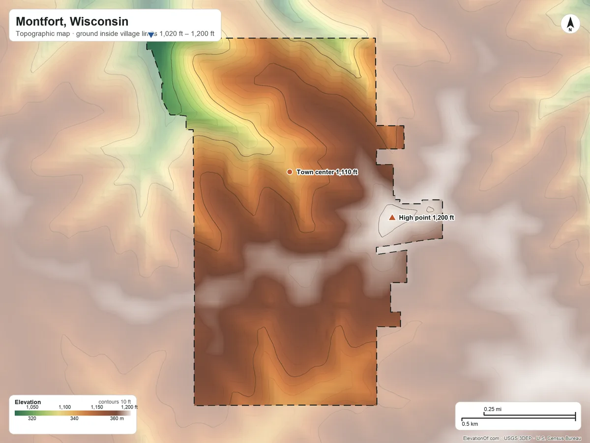 Topographic elevation map of Montfort, Wisconsin, shaded from 1,020 ft on the northwest side to 1,200 ft on the southeast side