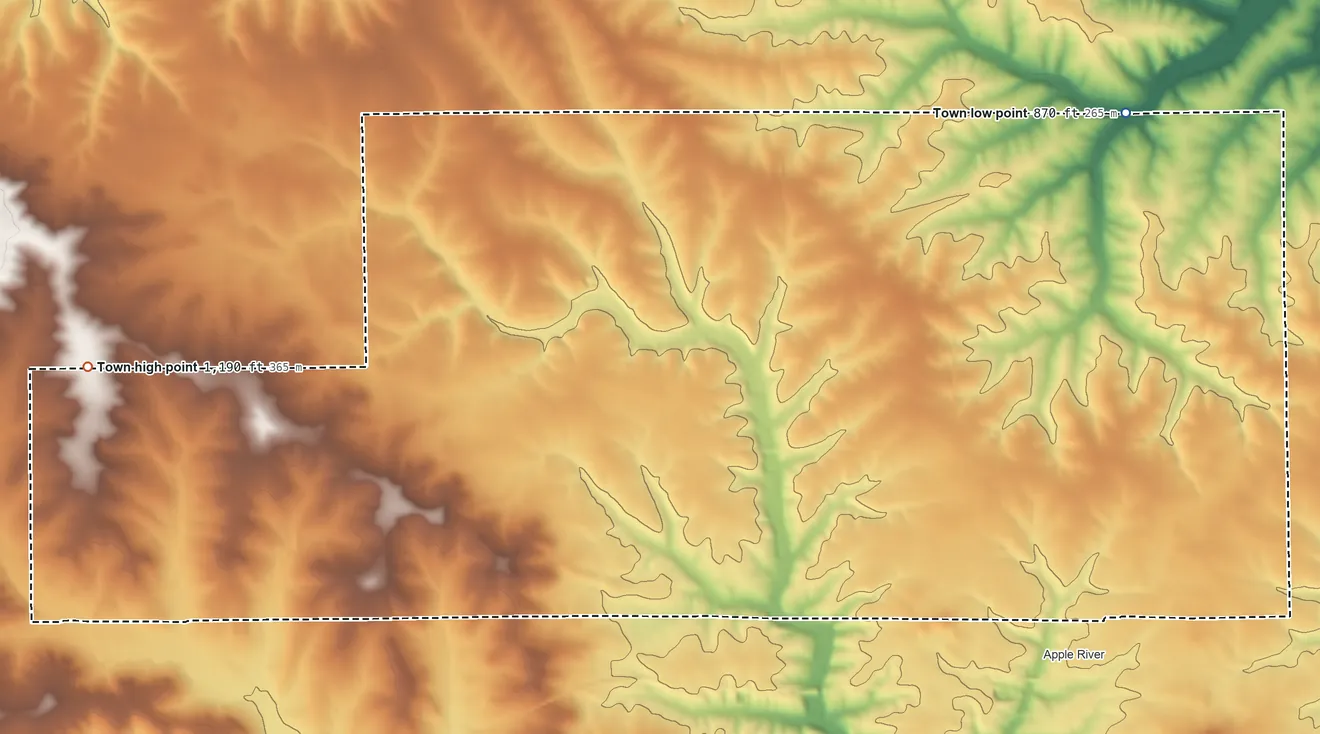 Topographic elevation map of Town of Monticello, Wisconsin, shaded from 870 ft on the northeast side to 1,190 ft on the west side