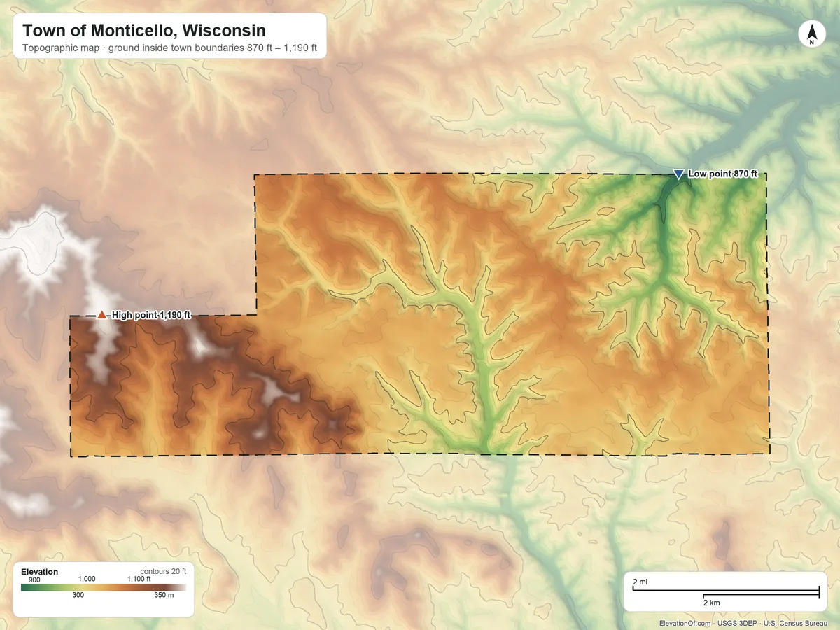 Topographic elevation map of Town of Monticello, Wisconsin, shaded from 870 ft on the northeast side to 1,190 ft on the west side