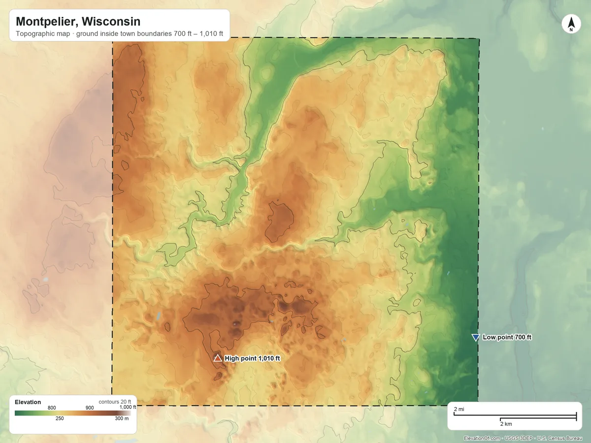 Topographic elevation map of Montpelier, Wisconsin, shaded from 700 ft on the southeast side to 1,010 ft on Cherneyville Hill
