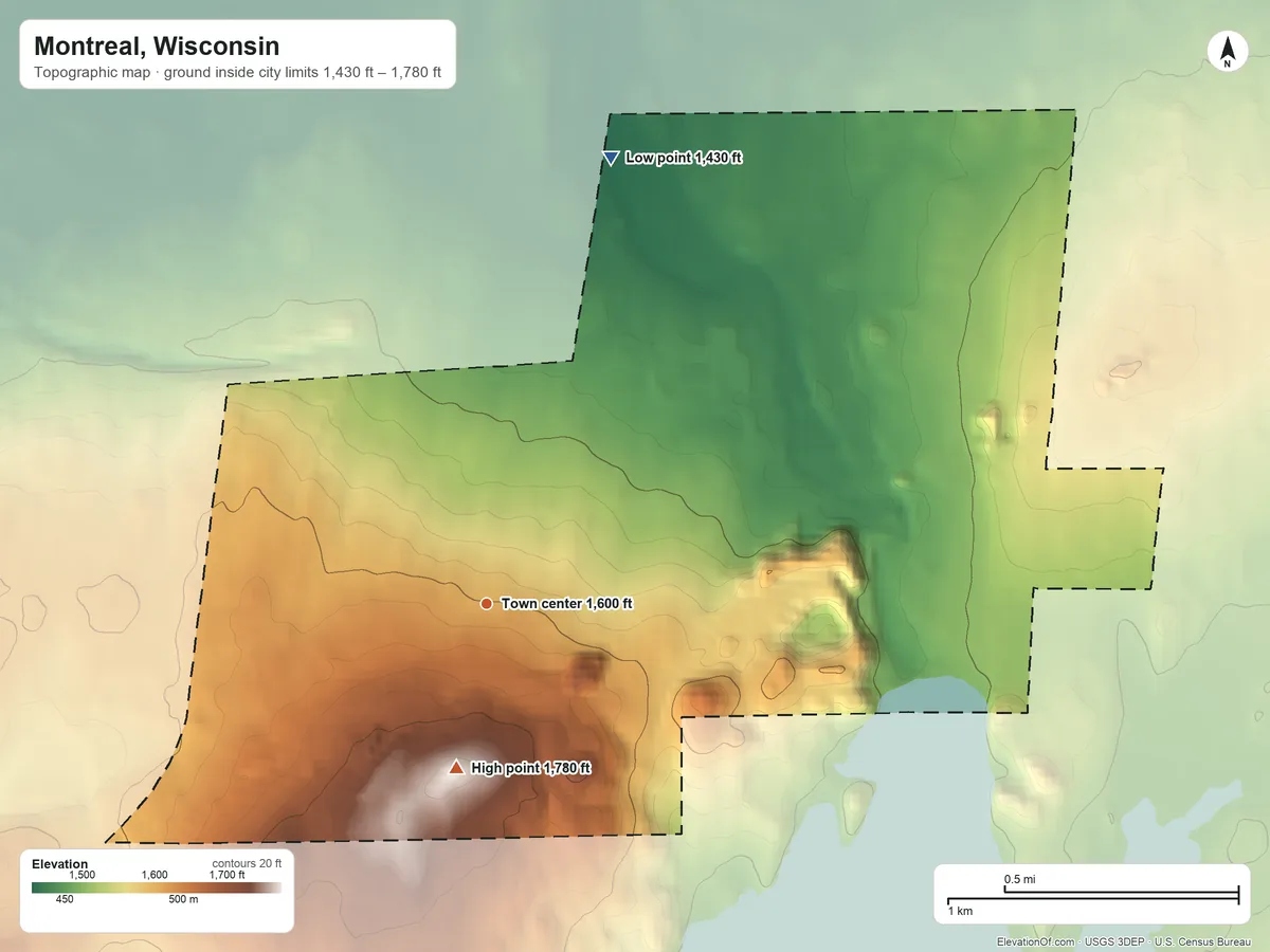 Topographic elevation map of Montreal, Wisconsin, shaded from 1,430 ft on the north side to 1,780 ft on the south side
