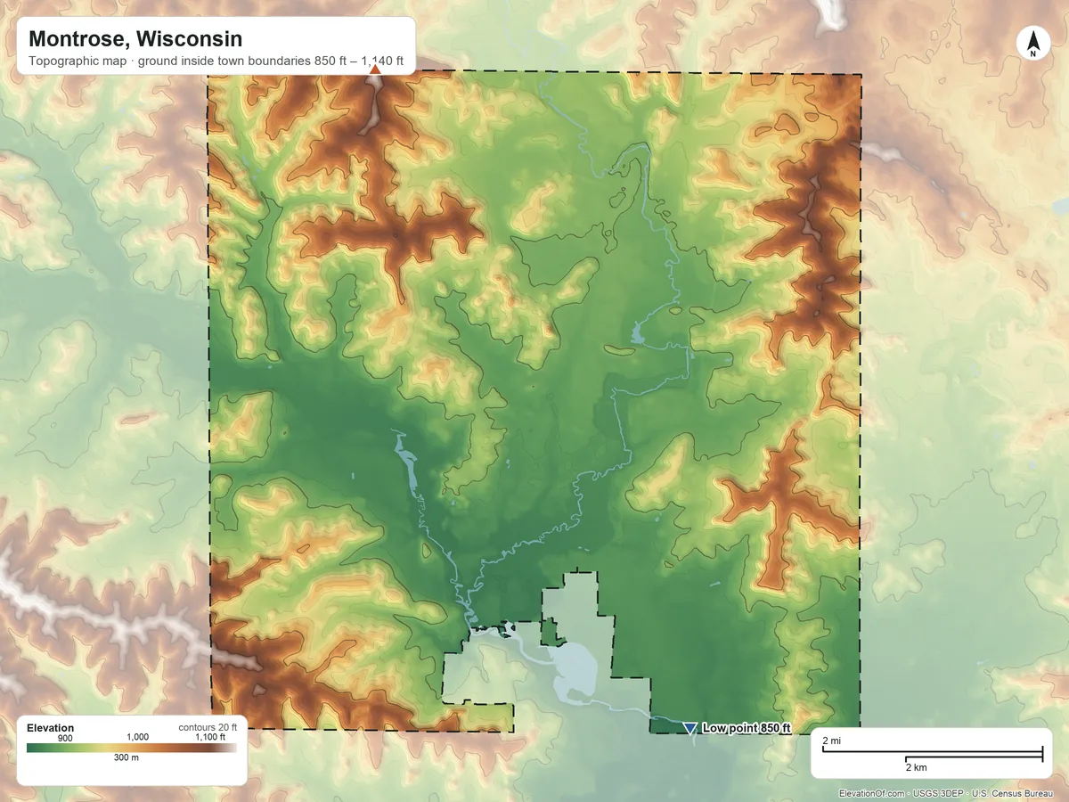 Topographic elevation map of Montrose, Wisconsin, shaded from 850 ft on the south side to 1,140 ft on the northwest side