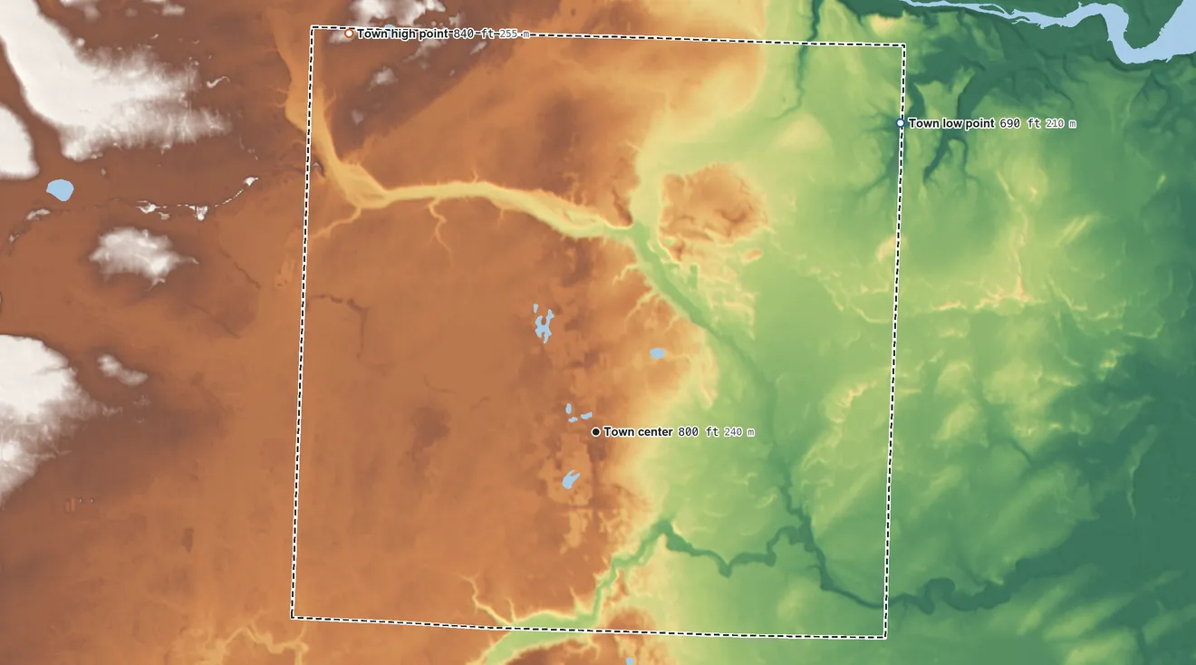 Topographic elevation map of Morgan, Wisconsin, shaded from 690 ft on the northeast side to 840 ft on the northwest side