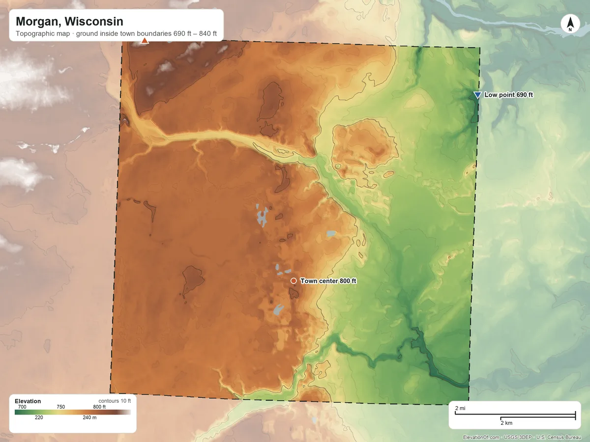 Topographic elevation map of Morgan, Wisconsin, shaded from 690 ft on the northeast side to 840 ft on the northwest side