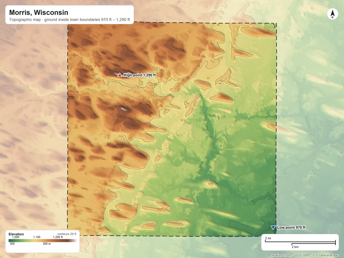 Topographic elevation map of Morris, Wisconsin, shaded from 970 ft on the southeast side to 1,290 ft on the northwest side