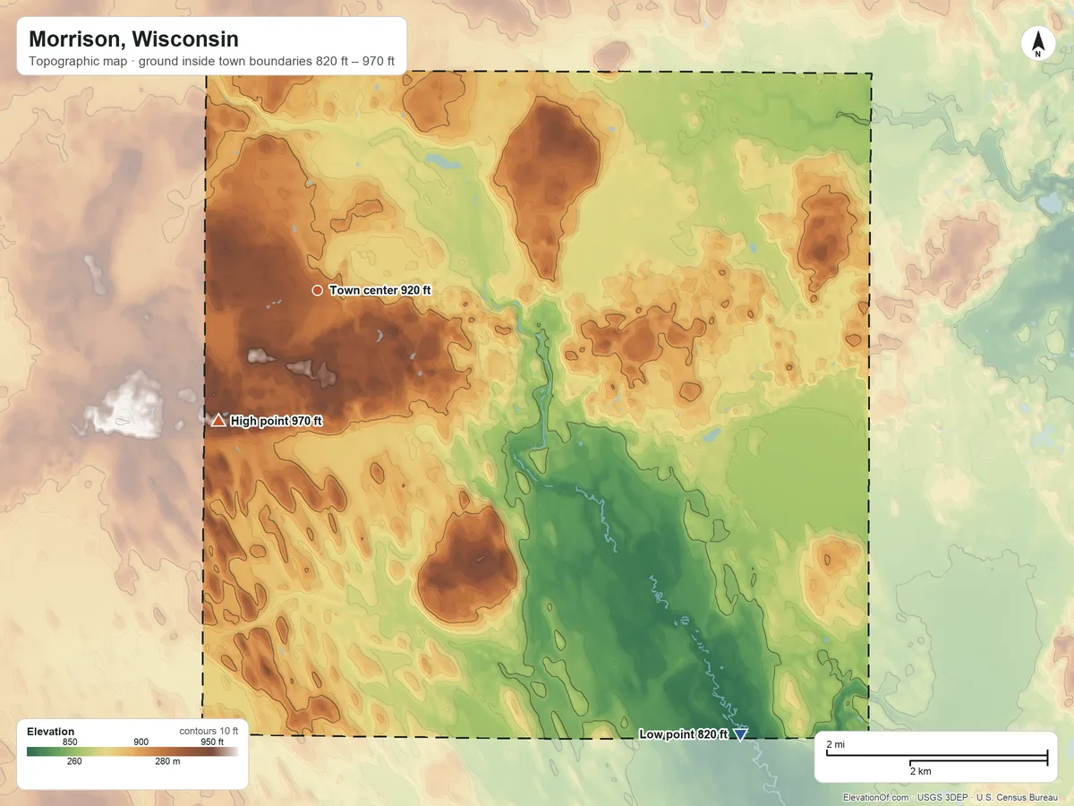 Topographic elevation map of Morrison, Wisconsin, shaded from 820 ft on the southeast side to 970 ft on the southwest side