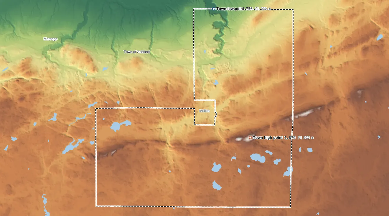 Topographic elevation map of Morse, Wisconsin, shaded from 750 ft on the north side to 1,870 ft on the southeast side