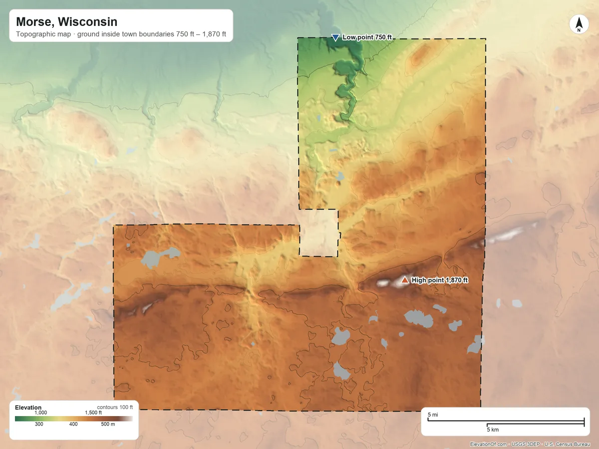 Topographic elevation map of Morse, Wisconsin, shaded from 750 ft on the north side to 1,870 ft on the southeast side