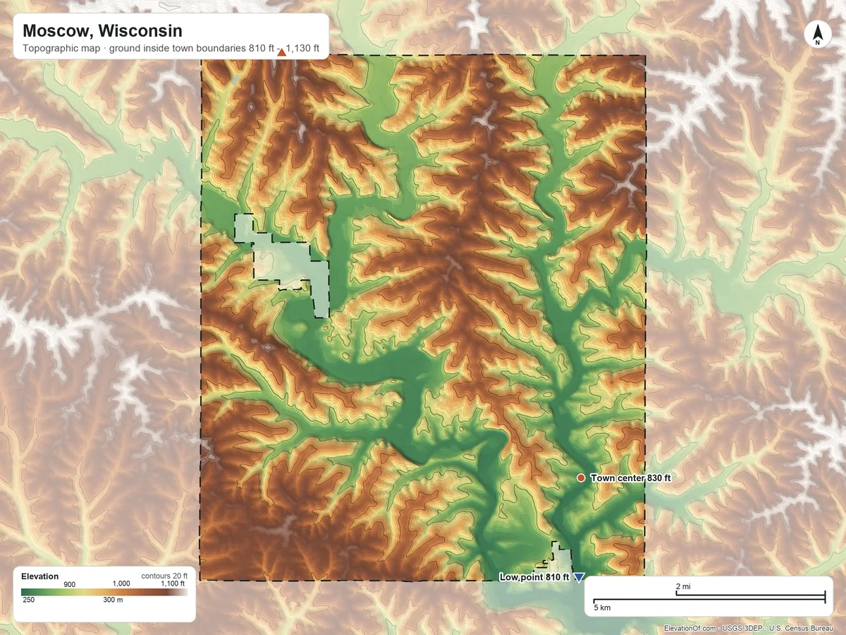 Topographic elevation map of Moscow, Wisconsin, shaded from 810 ft on the south side to 1,130 ft on the northwest side