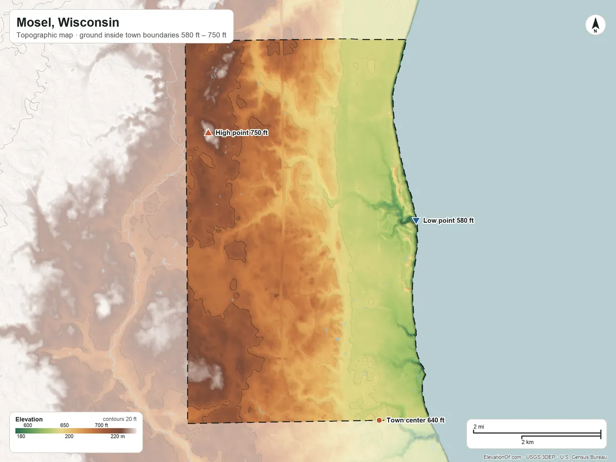 Topographic elevation map of Mosel, Wisconsin, shaded from 580 ft on the north side to 750 ft on the northwest side