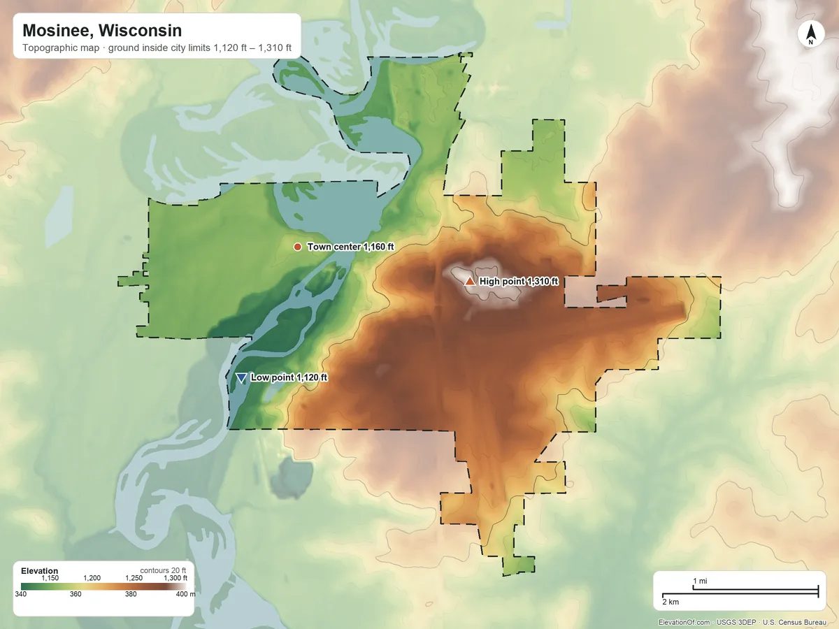 Topographic elevation map of Mosinee, Wisconsin, shaded from 1,120 ft on the southwest side to 1,310 ft on the east side