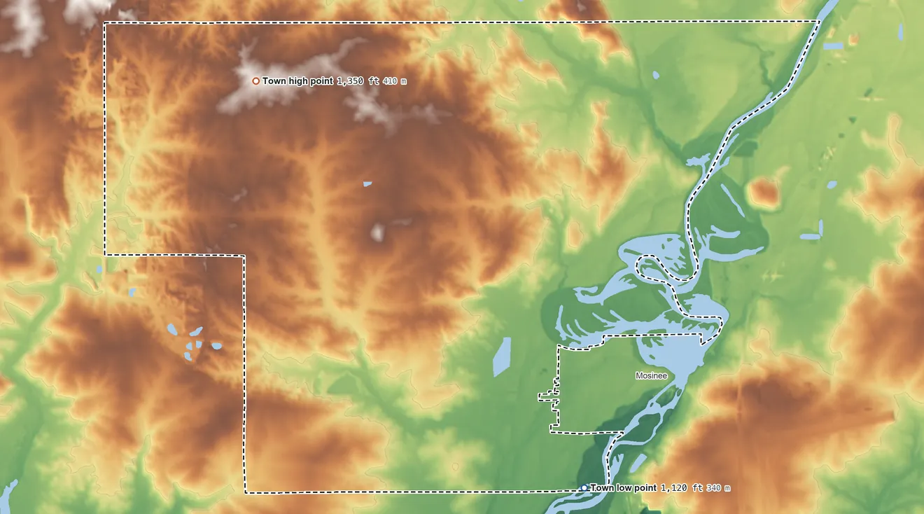 Topographic elevation map of Town of Mosinee, Wisconsin, shaded from 1,120 ft on the south side to 1,350 ft on the northwest side