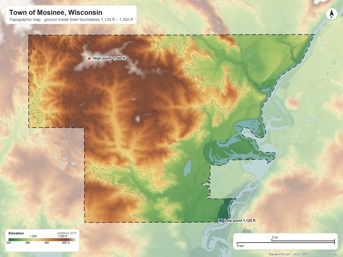 Topographic elevation map of Town of Mosinee, Wisconsin, shaded from 1,120 ft on the south side to 1,350 ft on the northwest side