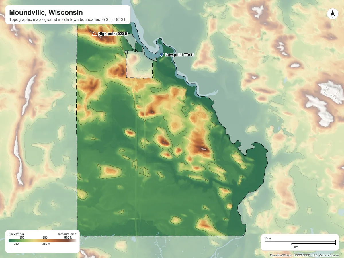 Topographic elevation map of Moundville, Wisconsin, shaded from 770 ft on the north side to 920 ft on the northwest side