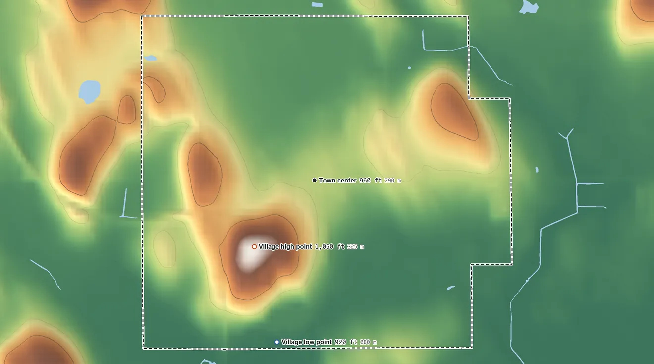 Topographic elevation map of Mount Calvary, Wisconsin, shaded from 920 ft on the south side to 1,060 ft on the southwest side