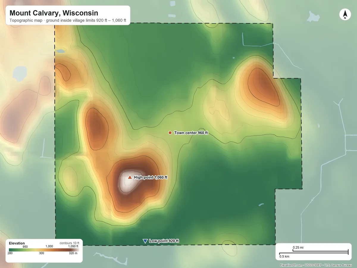 Topographic elevation map of Mount Calvary, Wisconsin, shaded from 920 ft on the south side to 1,060 ft on the southwest side