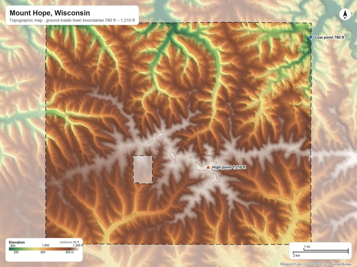 Topographic elevation map of Mount Hope, Wisconsin, shaded from 780 ft on the east side to 1,210 ft on the southeast side